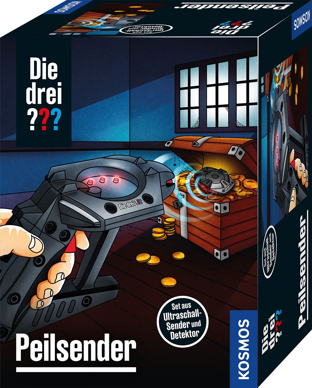 Kosmos Die DREI ??? Peilsender, Finde das Geheimversteck mit unsichtbarem Ultraschall, Detektor mit LED-Skala zeigt Richtung und Entfernung an, Detektiv Spielzeug Set für Kinder ab 8 Jahre