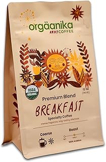 New Orgaanika Andes Breakfast 12oz | Gourmet Coffee Blend | Coarse Ground | Medium Roast | Specialty Organic | Best for French Press & Cold Brew Coffee, well balanced, bulletproof flavor, aroma and body. (bag 12oz.) | Loyalty Reward Inside the Bag (see product details)