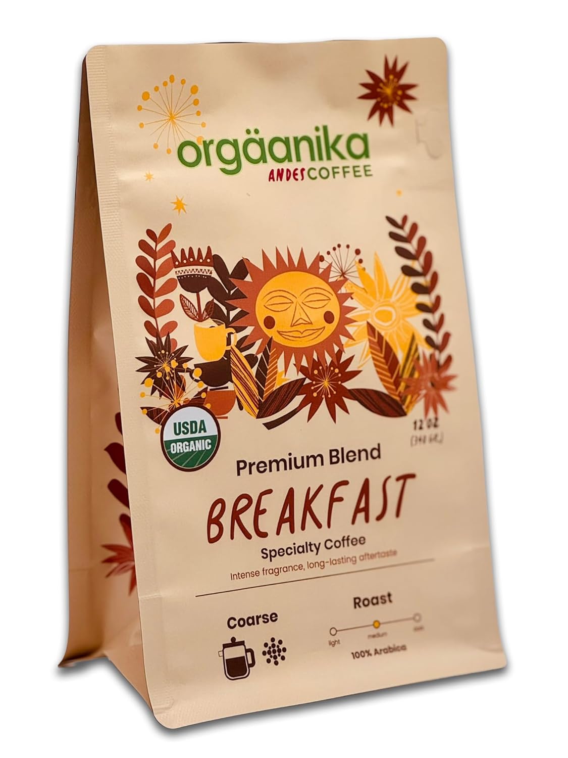 New Orgaanika Andes Breakfast 12oz | Gourmet Coffee Blend | Coarse Ground | Medium Roast | Specialty Organic | Best for French Press & Cold Brew Coffee, well balanced, bulletproof flavor, aroma and body. (bag 12oz.) | Loyalty Reward Inside the Bag (see product details)