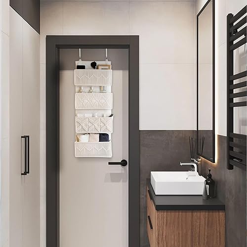 Miniatura 8 de Organizador de macramé para colgar sobre la puerta, con 4 bolsillos grandes tejidos, cesta colgante para baño, cuarto de bebé y puertas de armario,