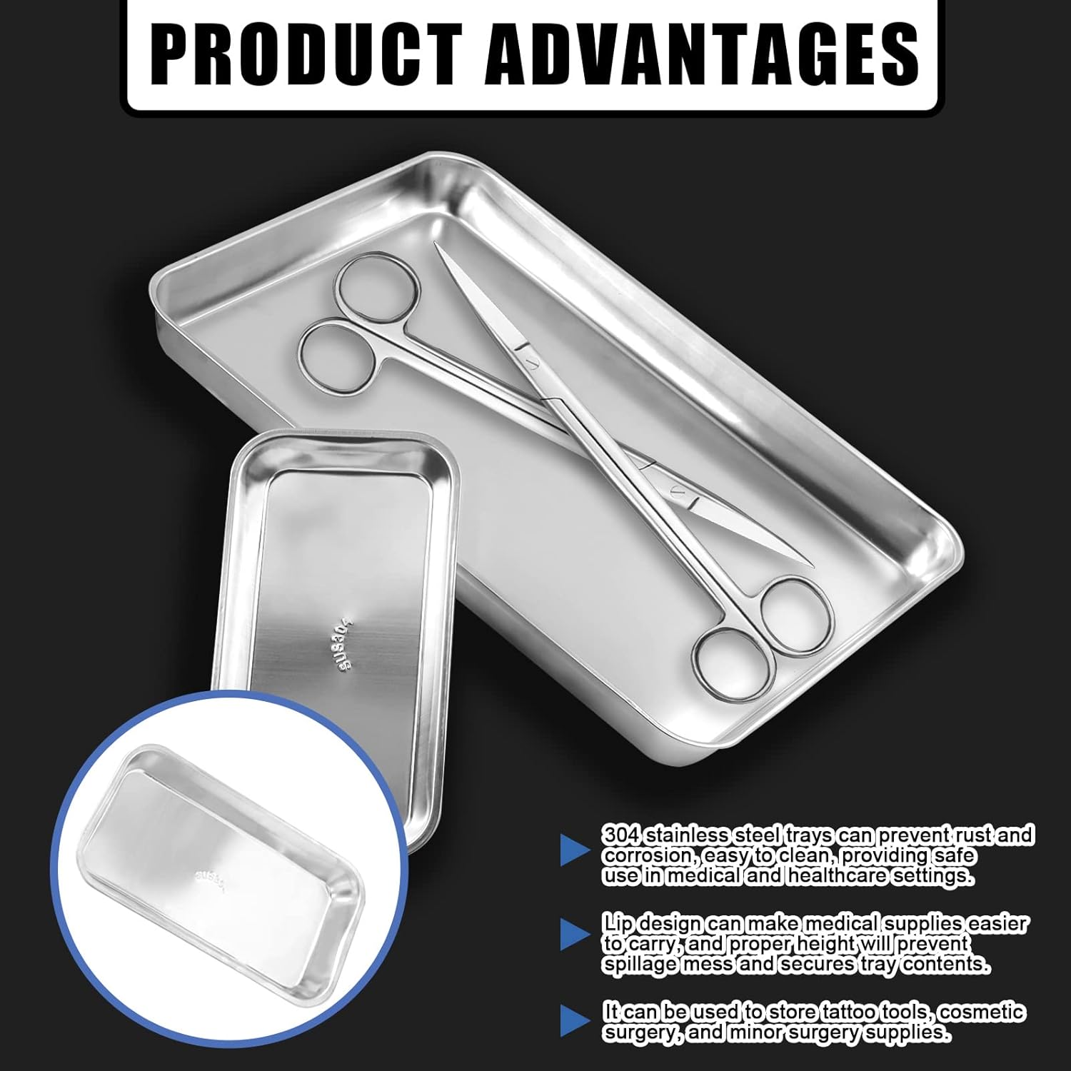 Glarks 2 Pack 304 Stainless Steel Professional Medical & Surgical Tray, 8.6" x 4.3" x 0.8" and 15.7" x 11.8" x 1.3" Flat Rectangle Tray Dental Procedure Tray for Lab Tattoo Instruments Organizer : Industrial & Scientific