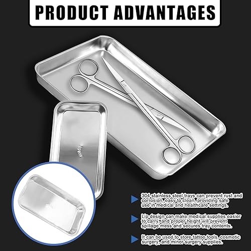 Miniatura 5 de Glarks Paquete de 2 bandejas profesionales médicas y quirúrgicas de acero inoxidable 304, bandeja rectangular plana de 8.6 x 4.3 x 0.8 pulgadas y