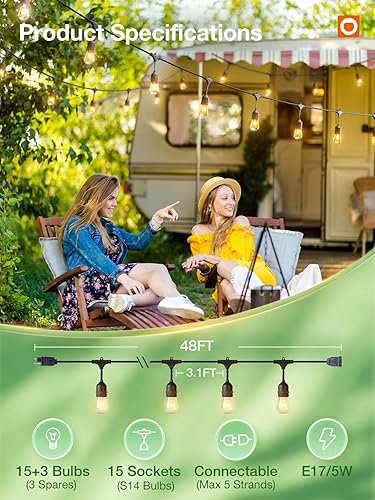 Miniatura 10 de addlon Guirnalda de luces para exteriores de 36 pies de grado comercial resistente a la intemperie, 15 bombillas Edison vintage, 12 enchufes