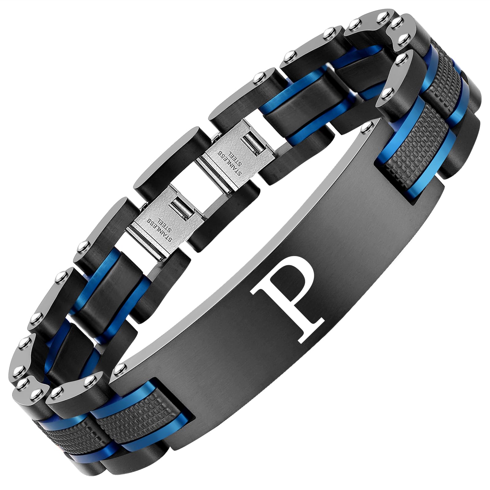 Zillaly Men's initials bracelet - blue and black double spelling, men's bracelet stainless steel. Elegant and durable with gift box