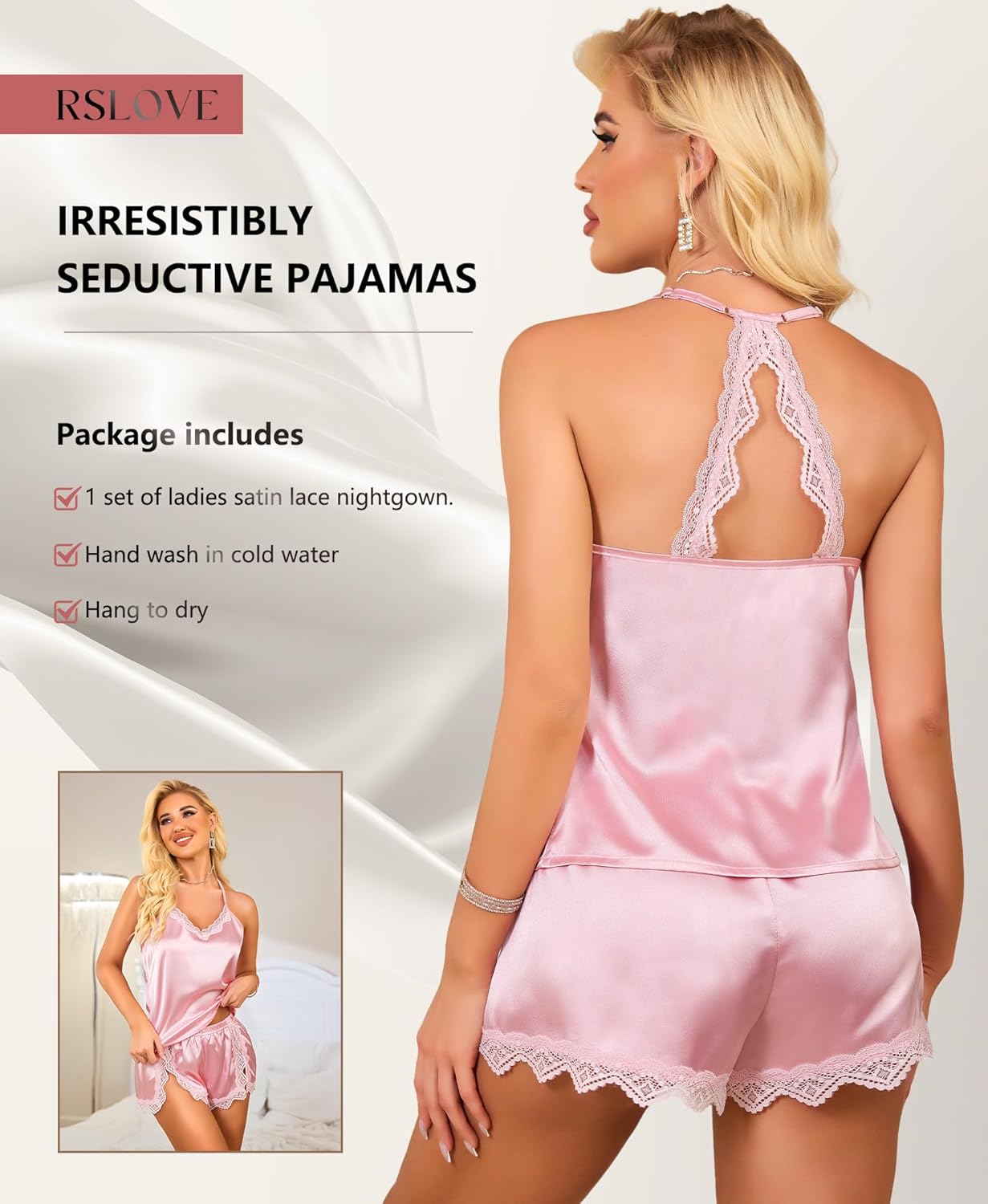 RSLOVE Women Pajama Set Sleepwear - Satin Pajamas Silk V Neck Cami and Shorts Pjs 2 Piece Womens Sexy Lace Lounge Nightwear - Image 5