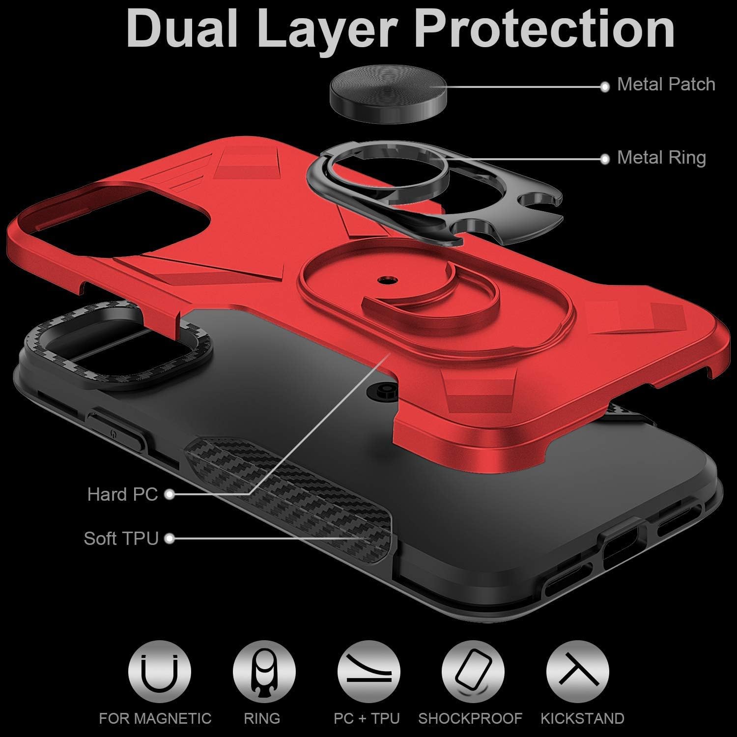 Charlam iPhone 11 Case Heavy Drop Protection Shock Absorption Cover Case with Larger Rotatable Metal Ring Holder Sleek Durable Dual Layer Cover Designed for Apple iPhone 11 6.1 Inch, Red