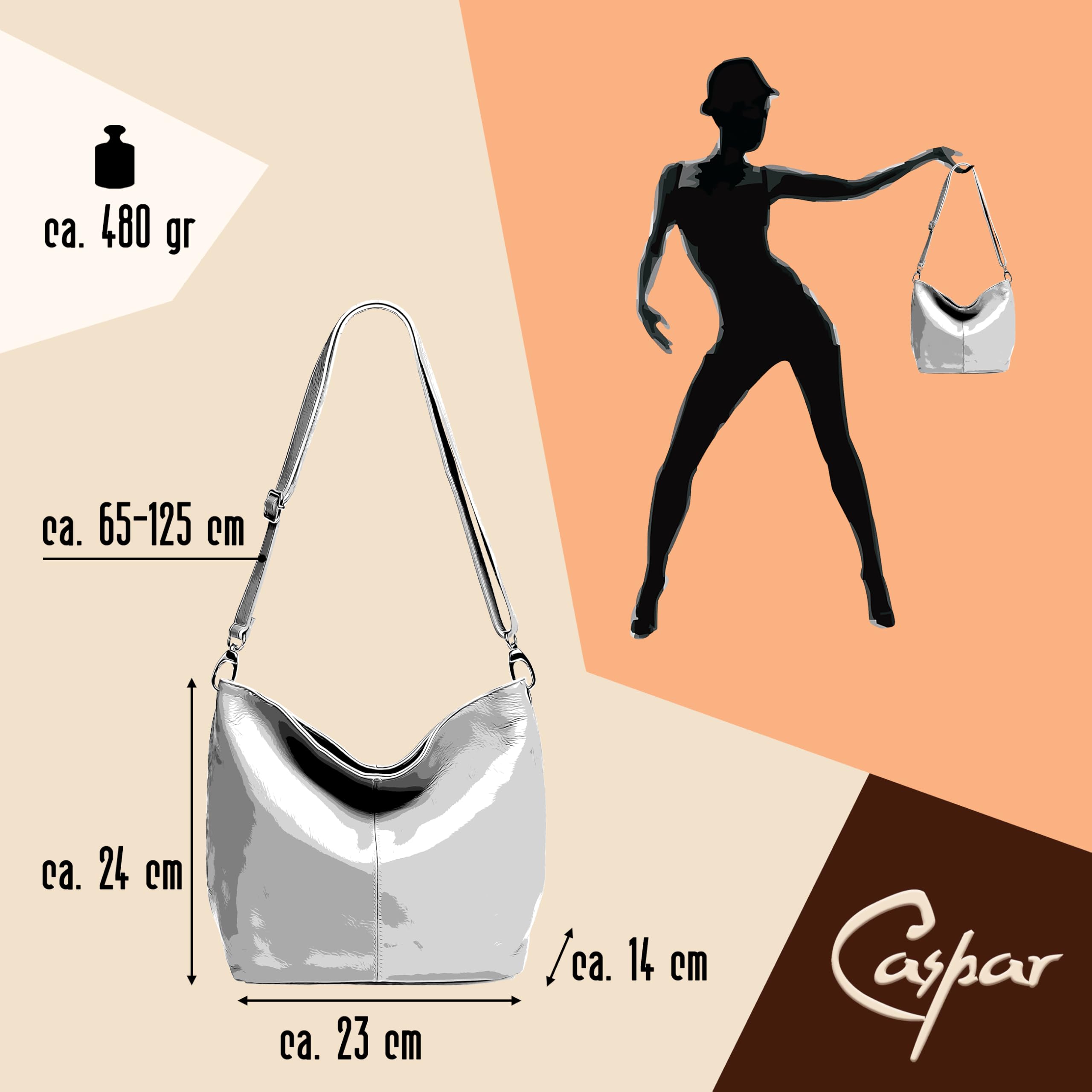 Caspar Klassisch Elegante Leder Handtasche Damen Tasche mit verstellbarem Schultergurt - PREMIUM LINE - Modell No.803 - Made in Italy