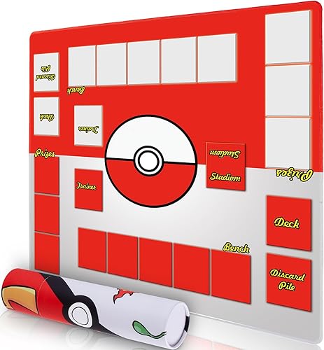 Playmat for Pokemon Trading Card Game - Stitched Play Mat with Tube for TCG Card Gameplay with Zones 2 Player Trainer Game Playing Mats red