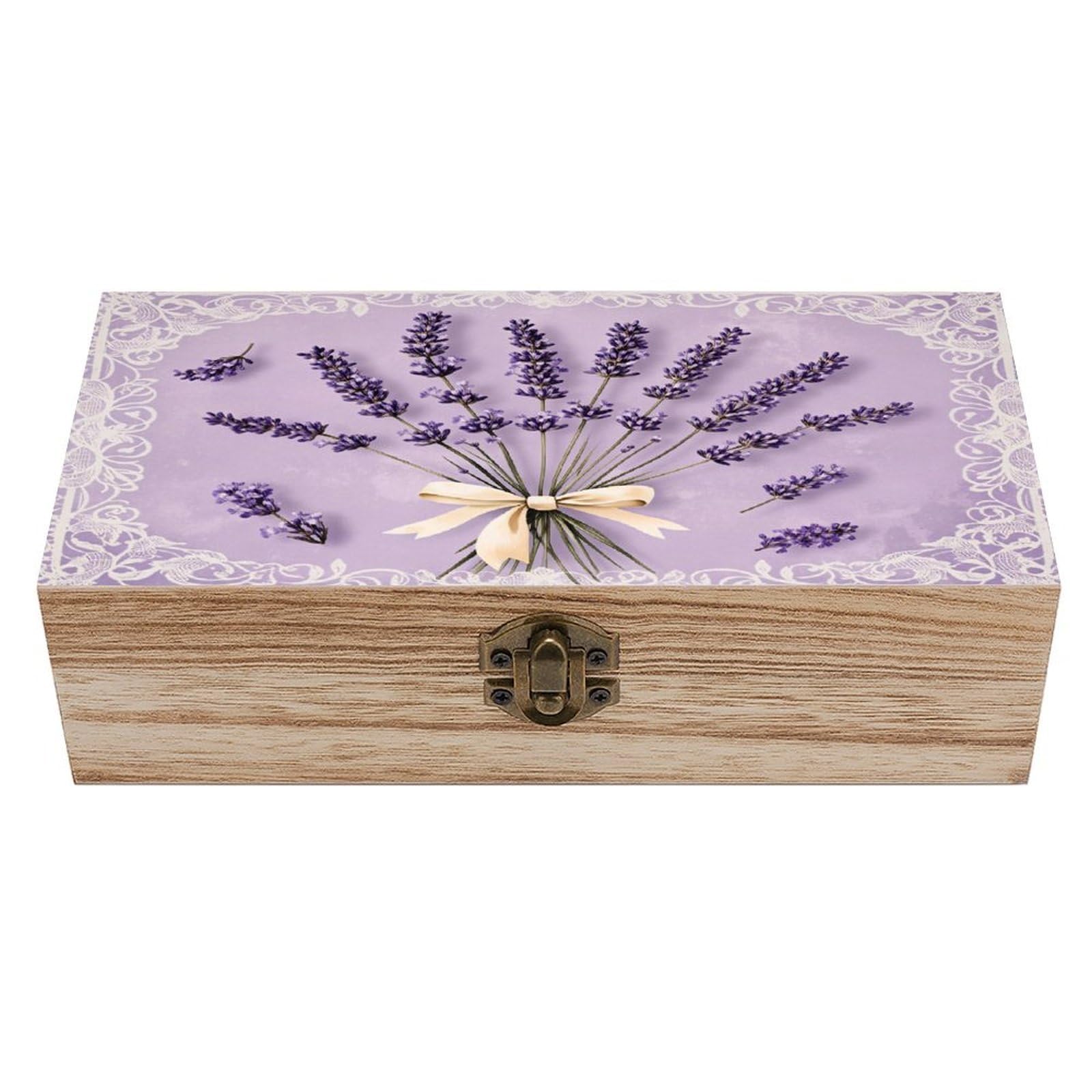 HLBSDM Lavender Bouquet With Lace Vintage Wooden Keepsake Box with Hinged Lid And Locking Clasp, Decorative Storage Box for Jewelry, Trinkets And Small Accessories, Organizer for Home Or Wedding