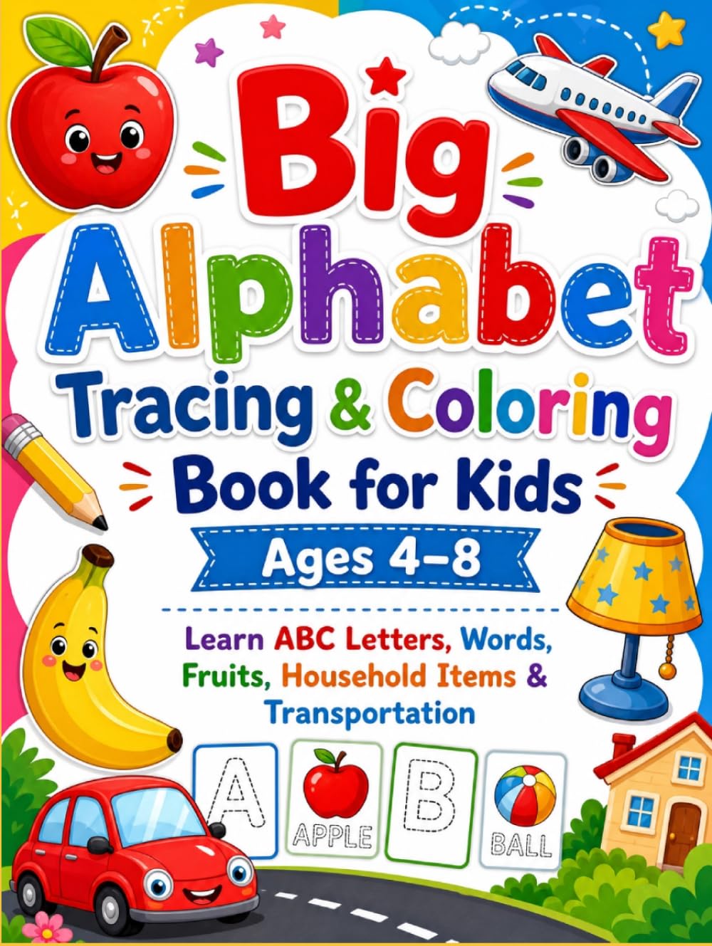 Big Alphabet Tracing & Coloring Book for Kids Ages 4–8: Learn ABC Letters, Words, Fruits, Household Items & Transportation