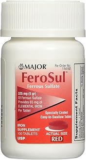 MAJOR Ferosul - Ferrous Sulfate 325mg Tablets with 65mg of Elemental Iron - Iron Supplement for Women, Men - Red - 100 Count (3 Pack)