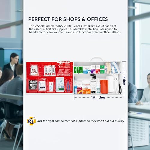 Miniatura 4 de MFASCO Kit de primeros auxilios de 2 estantes que cumple con la OSHA - Armario de metal de montaje en pared - 227 piezas - Seguridad en el lugar de