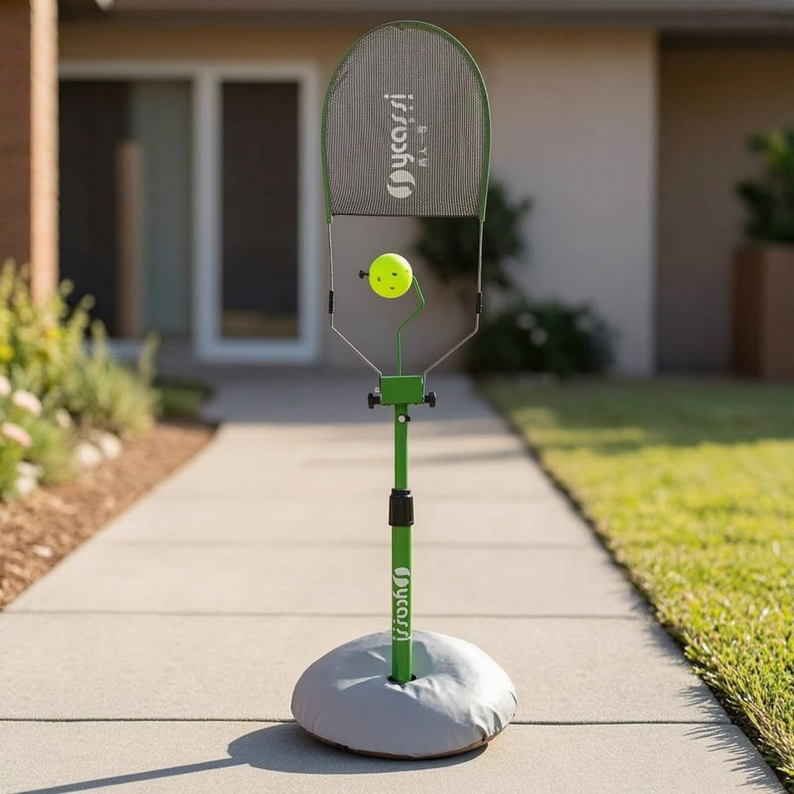 Pickleball Dispositivo Allenamento Racchetta Pagaia Palla con Braccio a Molla Curvo Palla Forata Palo Regolabile Base Zavorrata Copertura Grigia