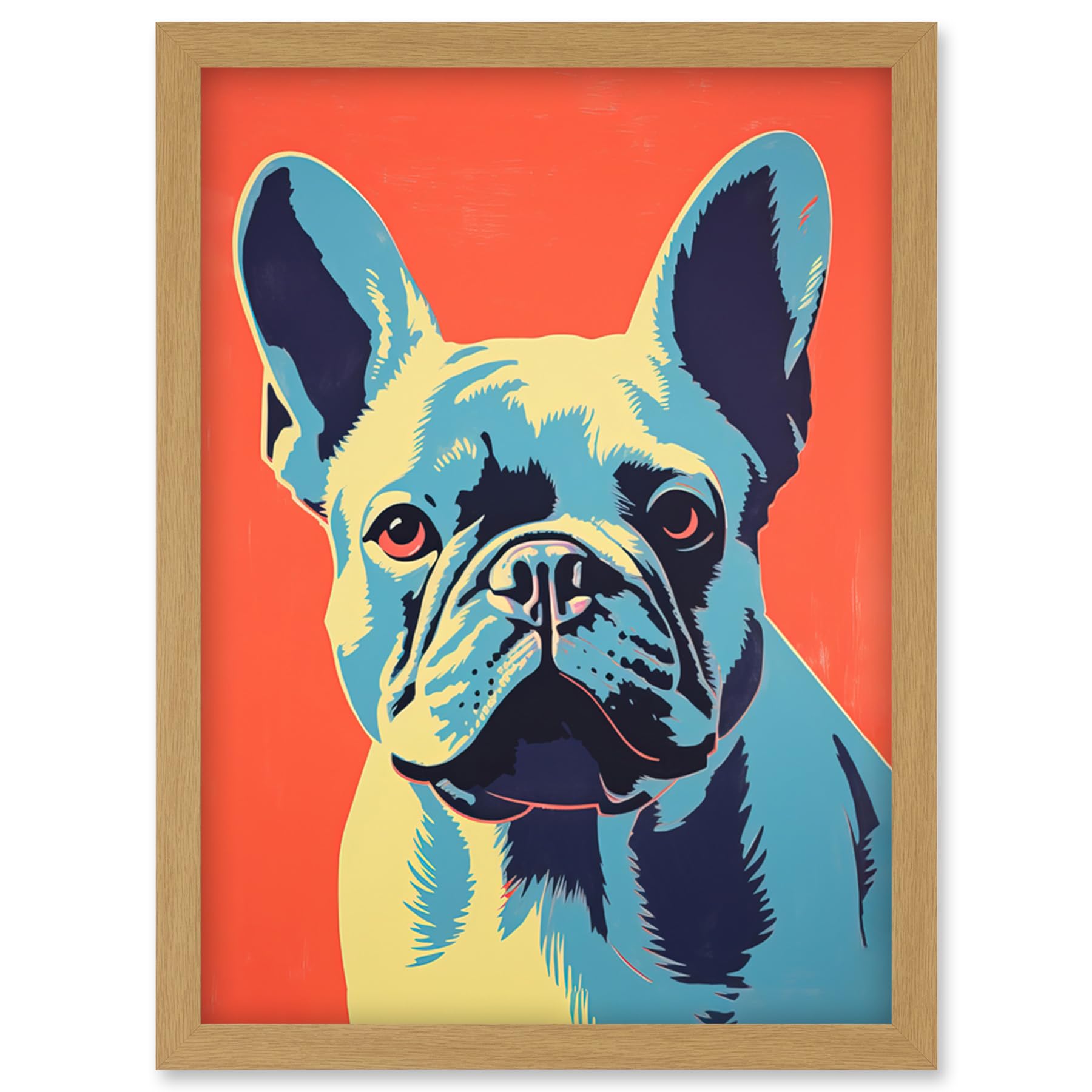 Artery8 French Bulldog Colour Block Artwork Coral Orange Blue Vibrant Pet Portrait Cute Artwork Framed Wall Art Print A4
