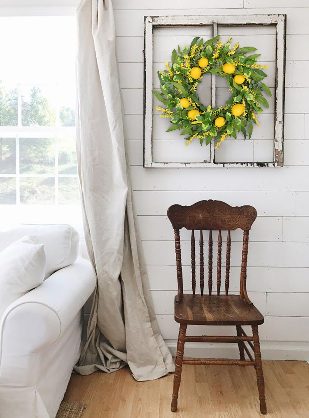Lemon Wreaths for Front Door 20 inch Spring Door Wreath Small Artificial Wreath with Wildflowers Lemons for Spring Decor Greenery Wreath for Home Kitchen Wall Window Farmhouse Indoor Outdoor Deocr