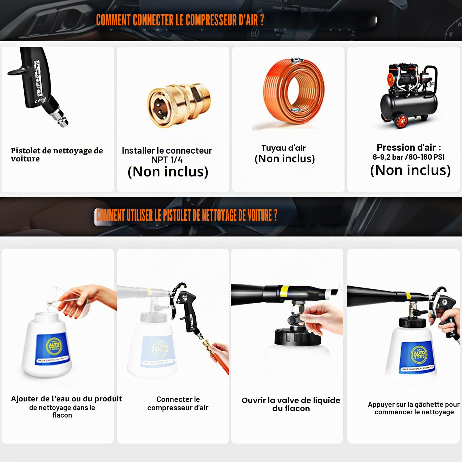 Pistolet de nettoyage à air comprimé - Tuyau de vidange en métal - Pistolet à air comprimé efficace avec réservoir d'eau de 1 litre et 2 buses - Pour voitures, ateliers et ménages - Nettoyage