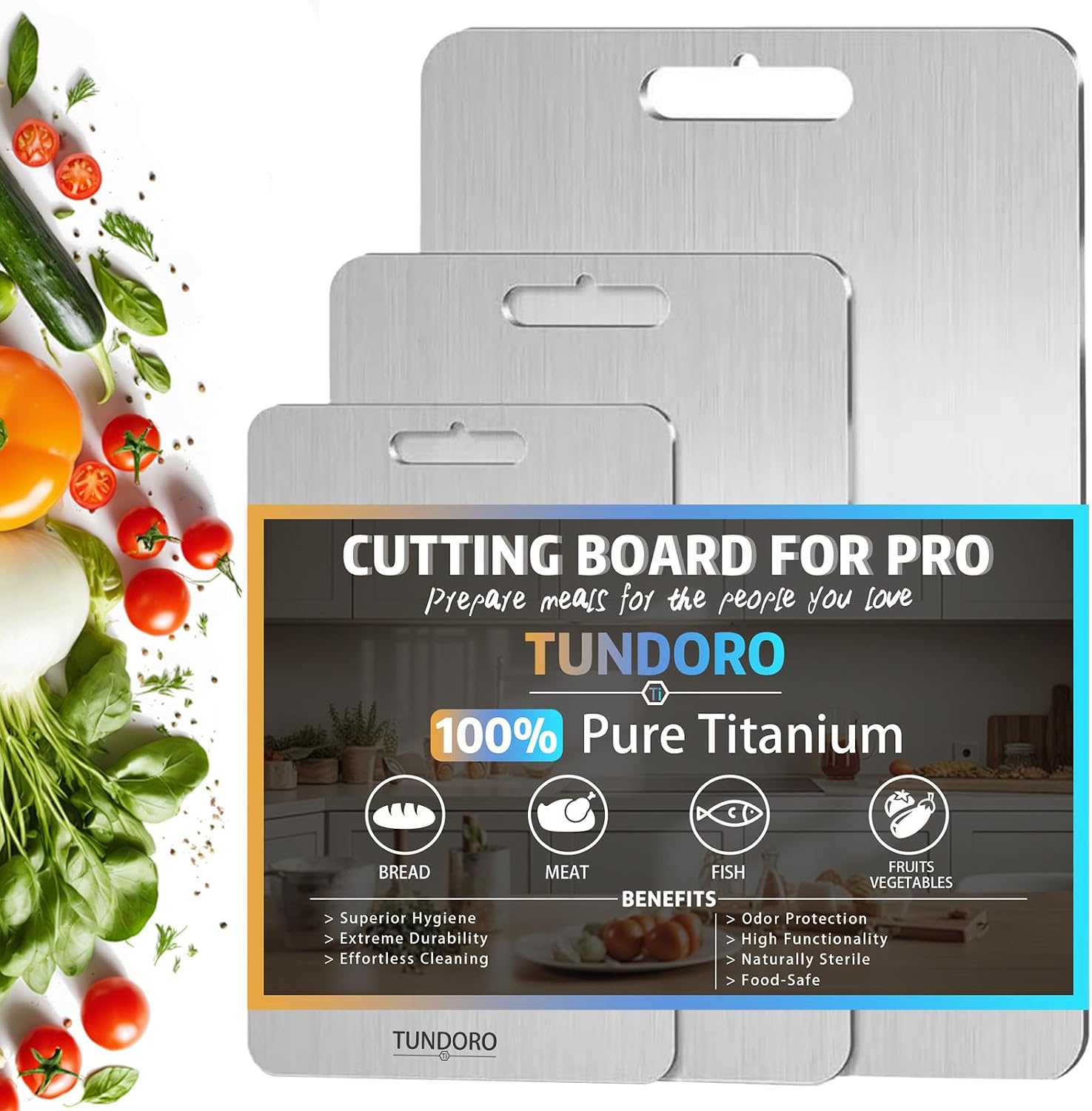 Titanium Cutting Boards Set of 3, 100% Pure Titanium & Double-Sided Design, Dishwasher-Safe Cutting Boards for Kitchen, Suitable for Meat, Vegetables，Fruits, Raw or Cooked Food