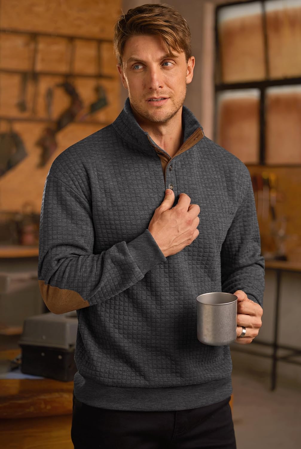 Men's Textured Sweatshirt Fleece Lined Thermal Elbow Patches Heavyweight Pullover Grey - Waffle, Medium - Image 2