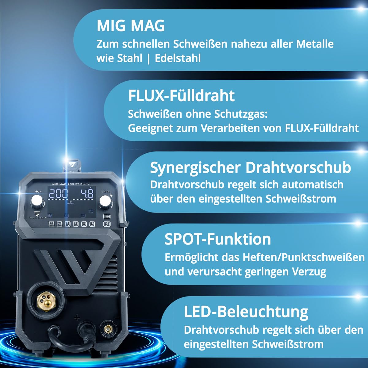 STAHLWERK Schutzgasschweißgerät MIG/MAG 200 ST Digital – Vollausstattung – Inverter mit 200A, MMA (E-Hand/ARC) FLUX (Fülldraht), Schweißen ohne Gas möglich, Spot-Funktion, synergischer Drahtvorschub