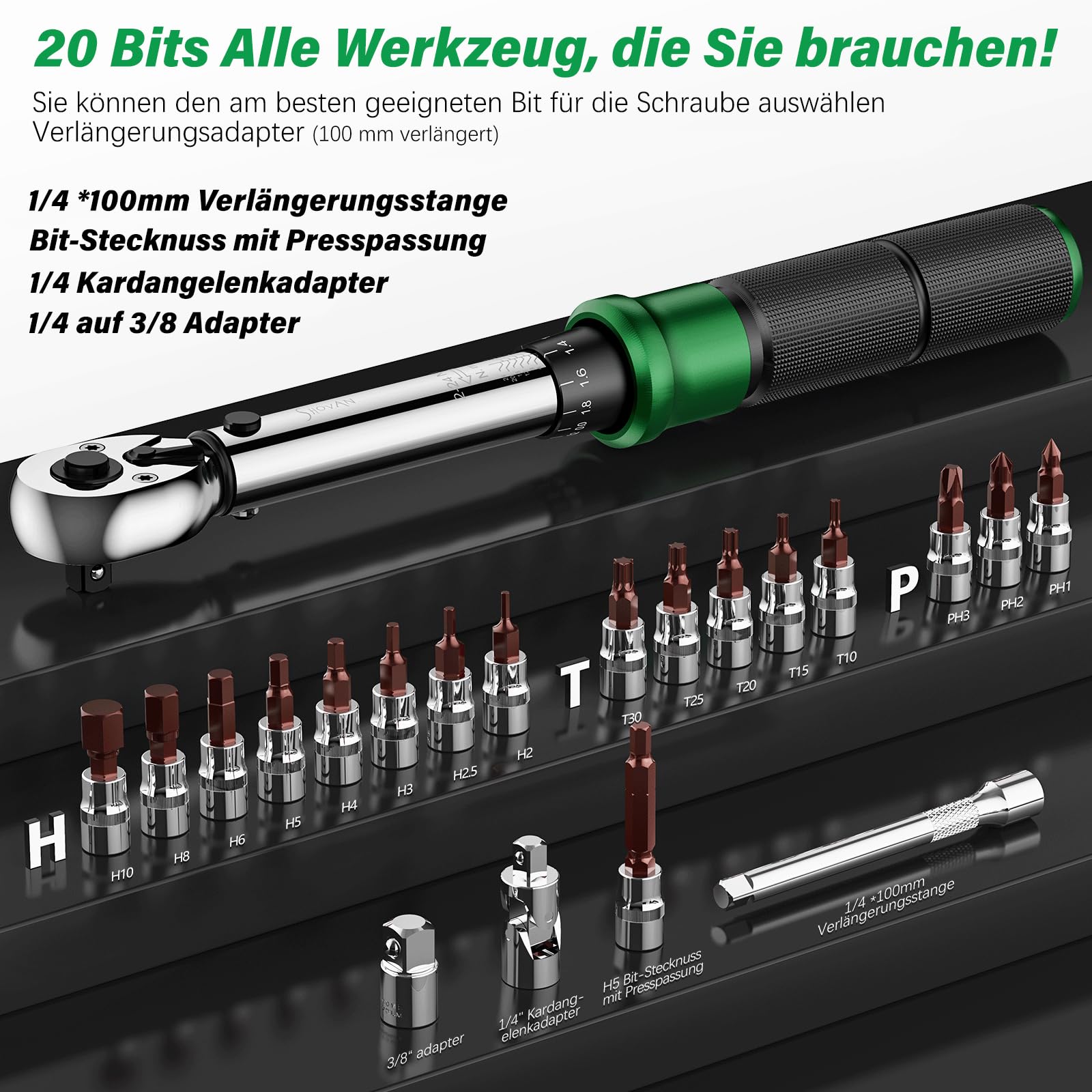 Chiave Dinamometrica Bici, Set Chiavi a Cricchetto 1/4 di Pollice 2-24 Nm, Cricchetto Reversibile a 72 Denti, Precisione di Errore ± 3%, con Adattatore da 3/8", Punte Phillips Hex e Torx