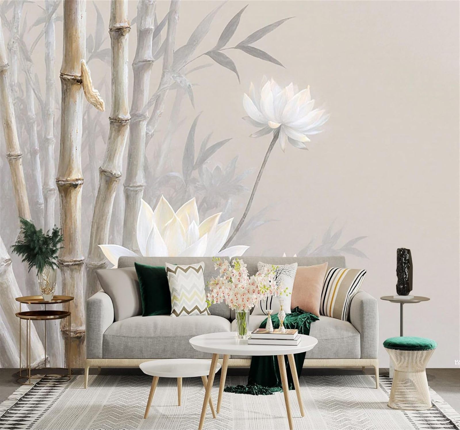 XLMING Minimalist Hand Drawn Elegant White Lotus Bamboo 3D Wallpaper Silky Texture Home Study Office Grey Dining Room Sofa Bedroom Living Room TV Backdrop-200cm×140cm