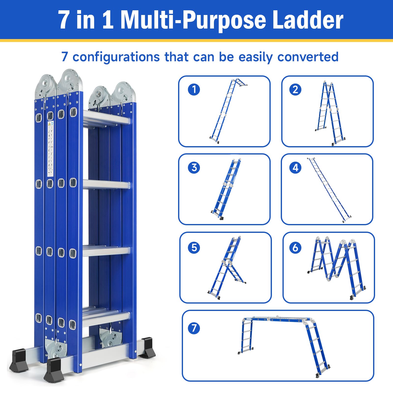 Scala Pieghevole Multiuso 7 in 1 in Alluminio - 4 x 4 Gradini, 464 cm, Scala Multifunzione per Uso Domestico Interno ed Esterno, 16 Gradini, Portata Massima 150 kg