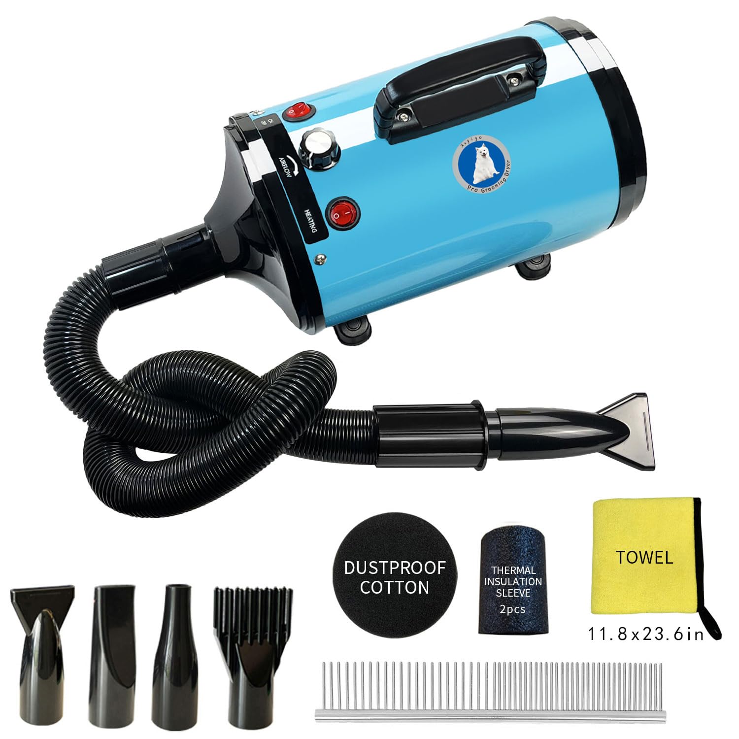 Xapigo Secador de pelo para perros, secador para aseo de animales, secador profesional, velocidad y temperatura ajustables (azul)