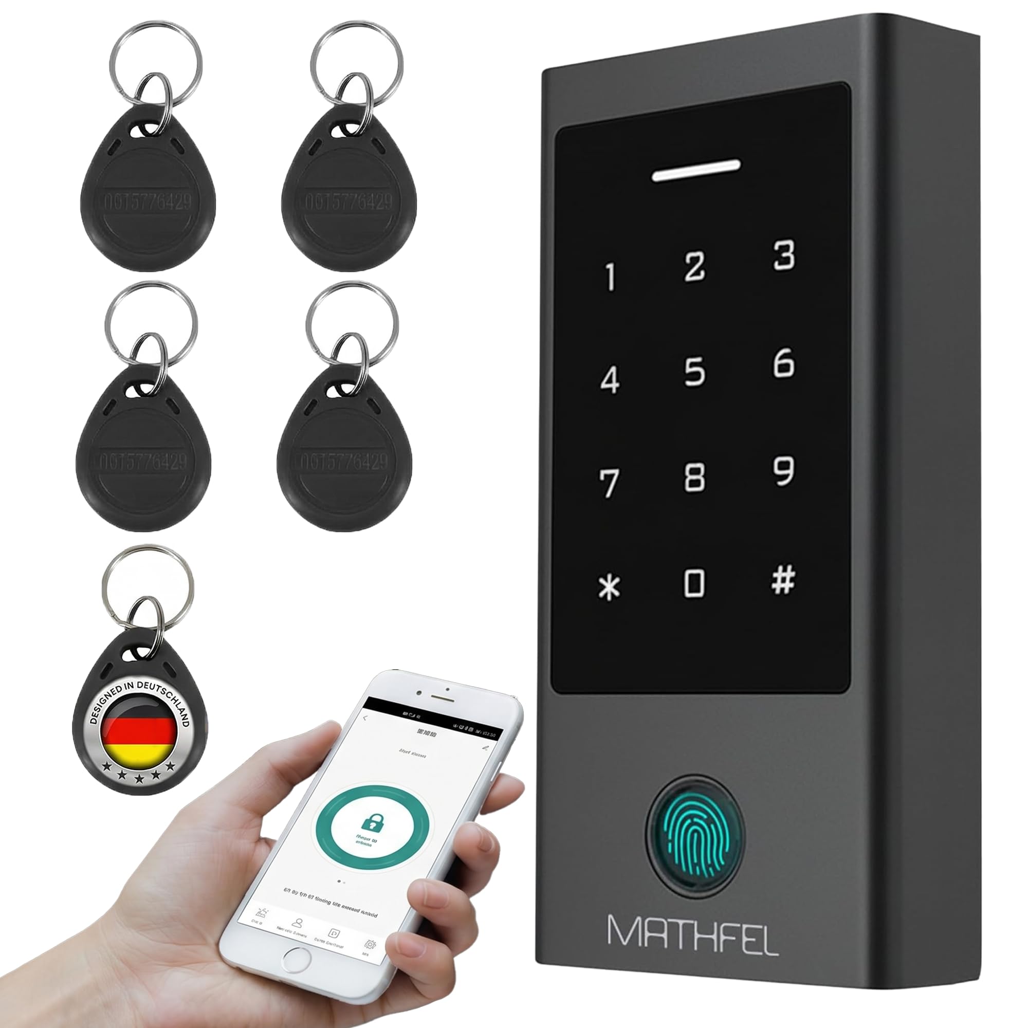 MATHFEL Smart Lock Zugangssystem mit Fingerabdruck & RFID – Elektronisches Türschloss für Haustür, IP66, Code & Transponder, Elektrisches Türschloss Außen, Automatisches Smartes Türschloss