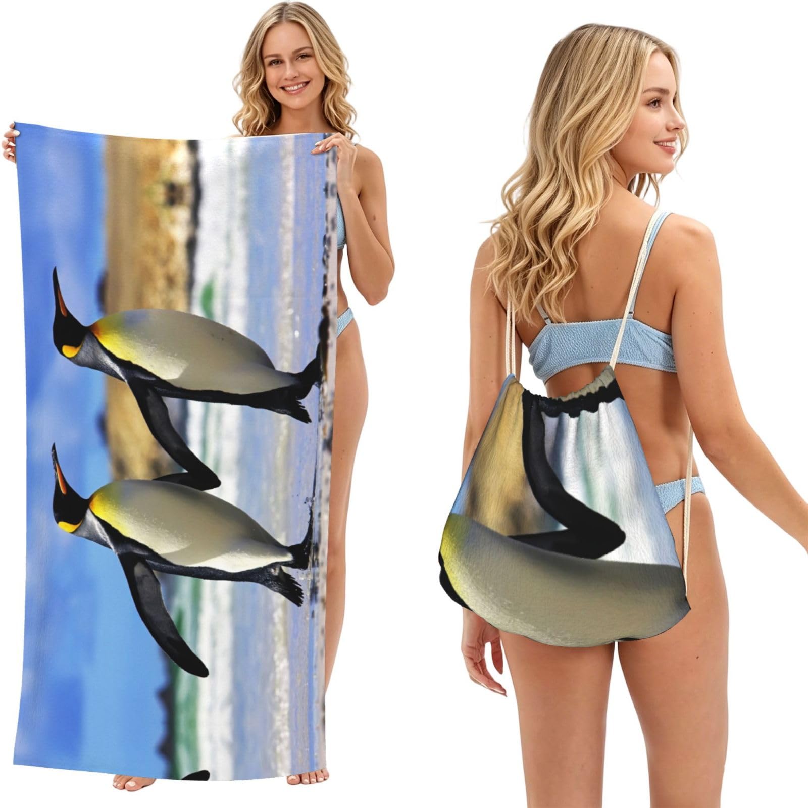 ESNAIUVCD Stylish Animal Penguin Print Beach Towel For Adults,Towel With Drawstring Bag, Travel Pool Swimming Sports Shower Sand Free Quick Dry Bath Towel For Pool, Beach, Yoga- 180x60cm