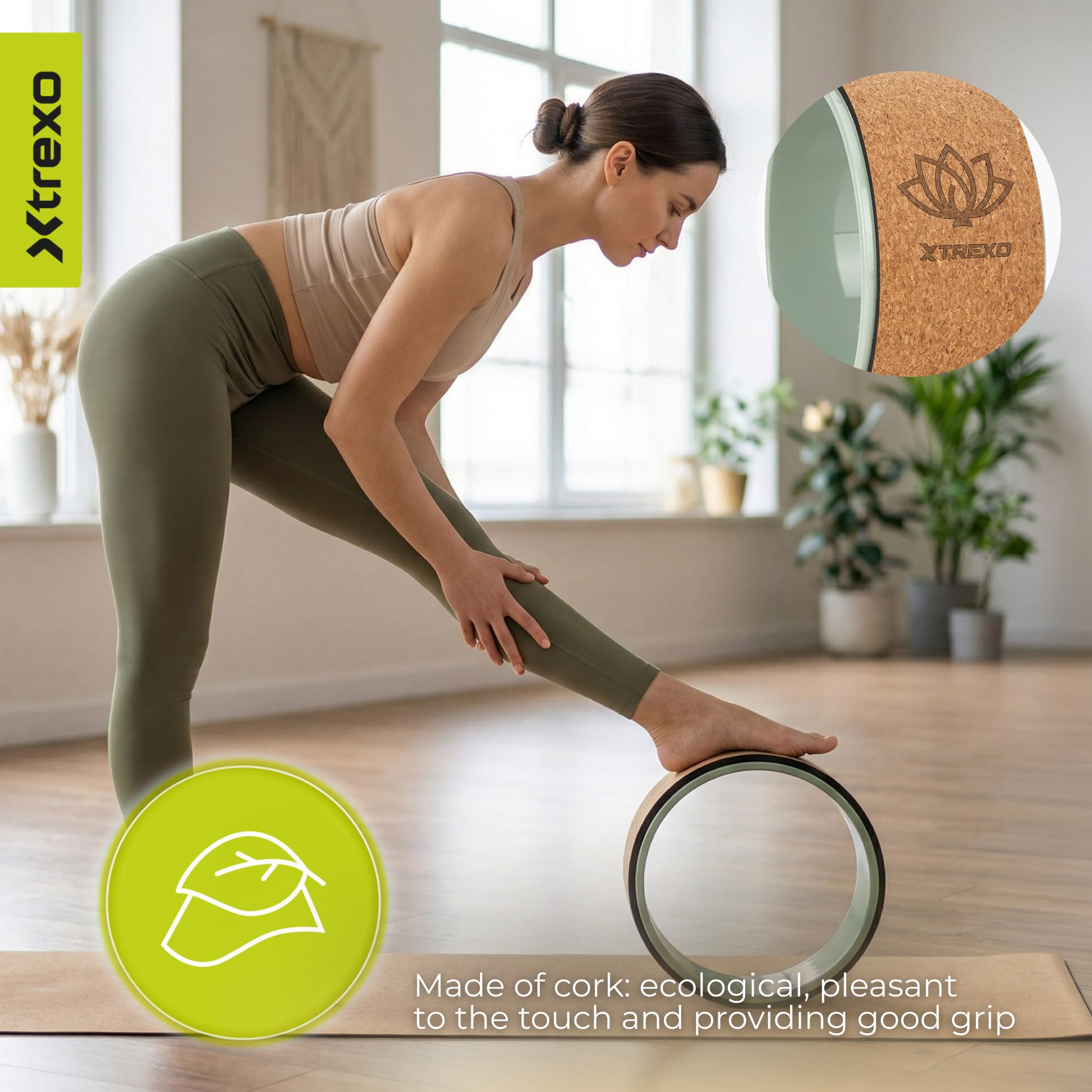 XTREXO FlowWheel 3 en 1 – Lot de roues de yoga Vert olive (grand/moyen/petit) Antidérapantes pour étirement du dos, équilibre et entraînement de cœur, yoga et Pilates