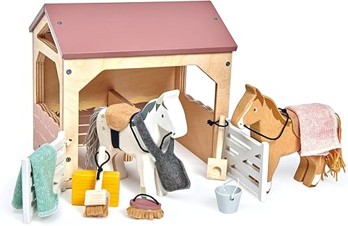 Tender Leaf Toys - The Stables - Juego imaginativo con caballos, establos y accesorios - Aprendizaje de animales para jugar y promover la