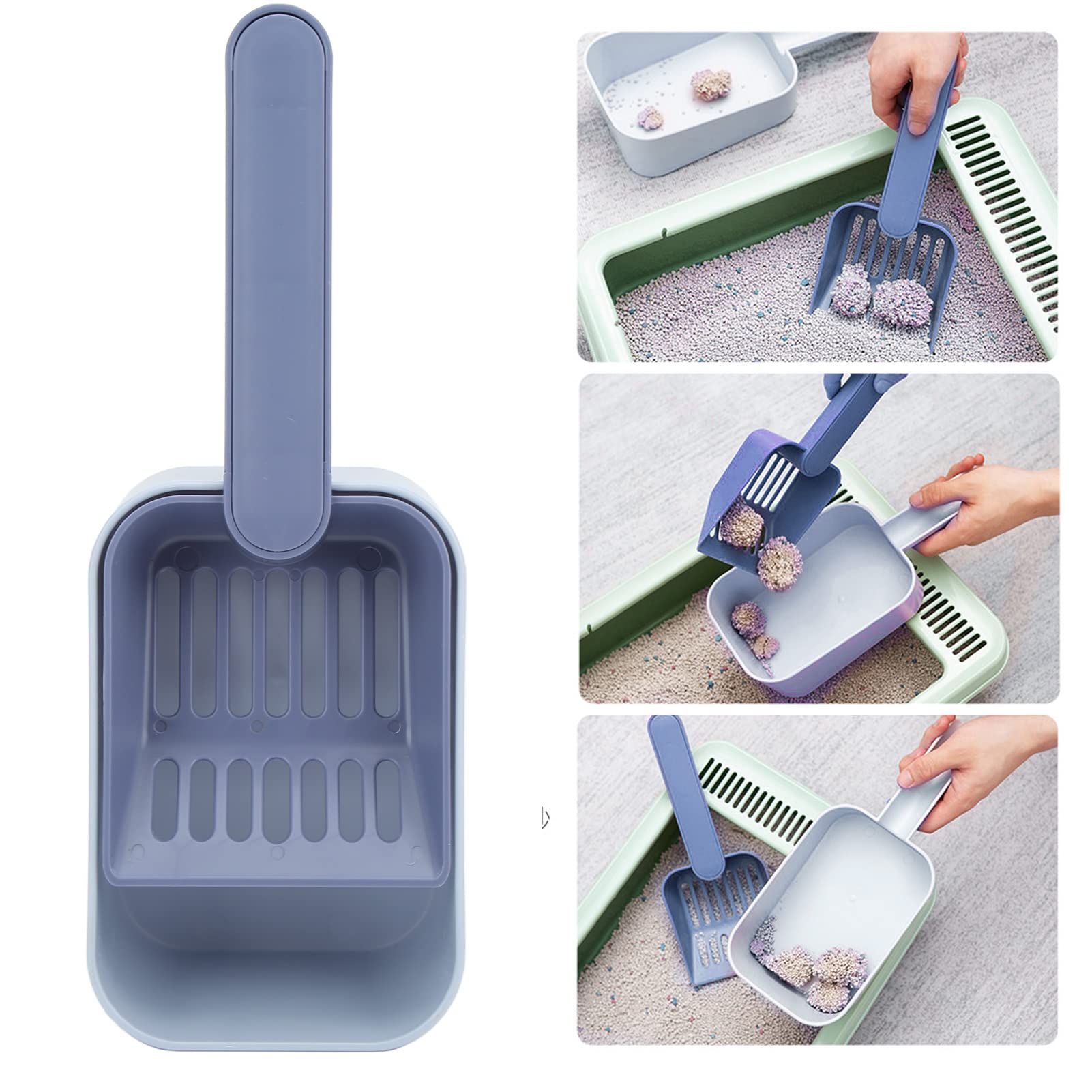 Pala Per Lettiera Per Gatti Con Contenitore - Design Curvo E Inclinato, Per Una Pulizia Facile E Igienica (Blu) - Foto 4