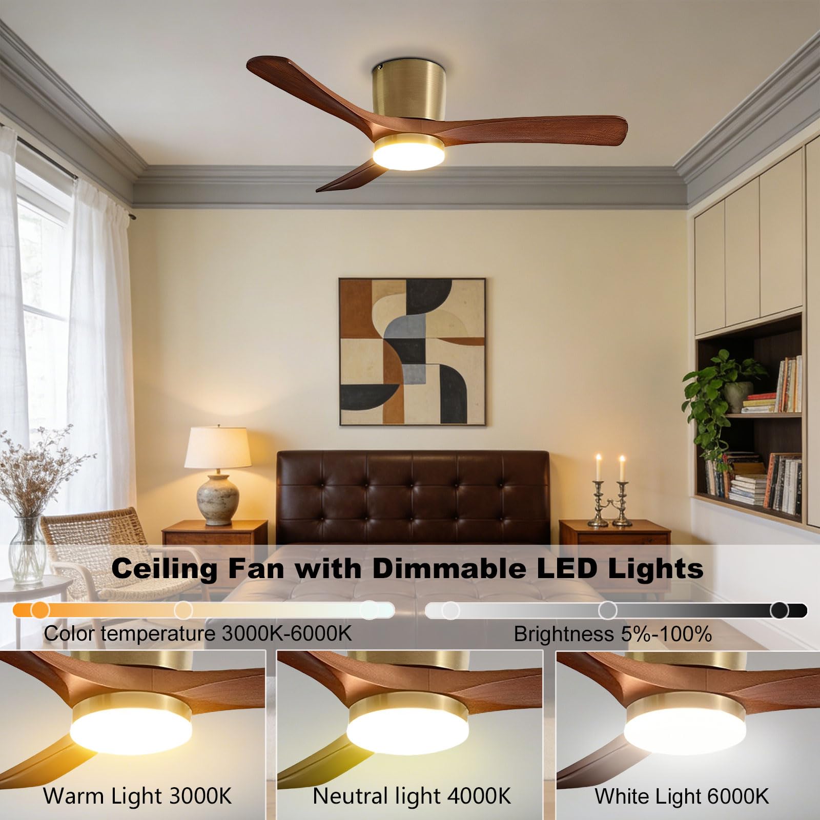 Ventilador de Techo de Madera de Nogal con luz, Moderno, silencioso, LED Regulable para Dormitorio, Comedor y Sala de Estar. Control Remoto Inteligente/aplicación/Voz.