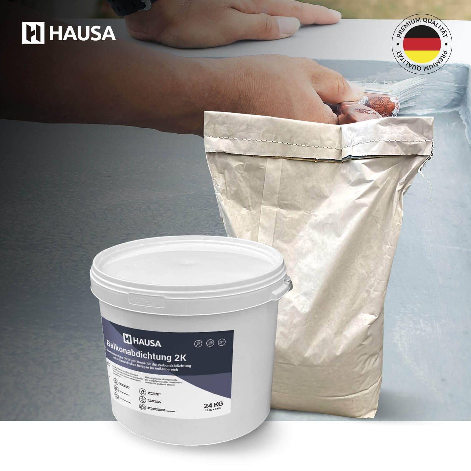 Hausa Balkonabdichtung 2K, 24kg flexible Dichtschlämme zur Abdichtung von Balkon, Terrasse, Bad, Dusche, Keller, Fundamente; Dichtungsmasse für Außenbereich, frost-, UV- und alterungsbeständig