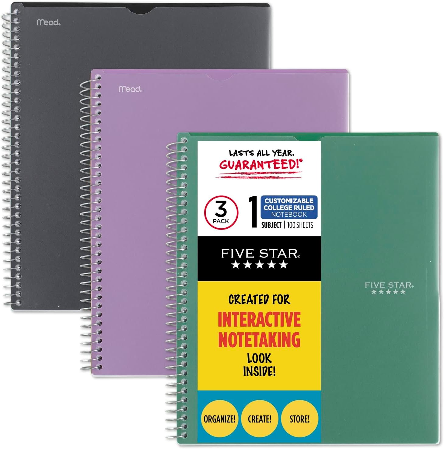 Five Star Interactive Notetaking Spiral Notebooks, 3 Pack, 1 Subject, College Ruled Paper, 11" x 8-1/2", 100 Sheets, Customizable Cover, Black, Green, Purple (820041-ECM)