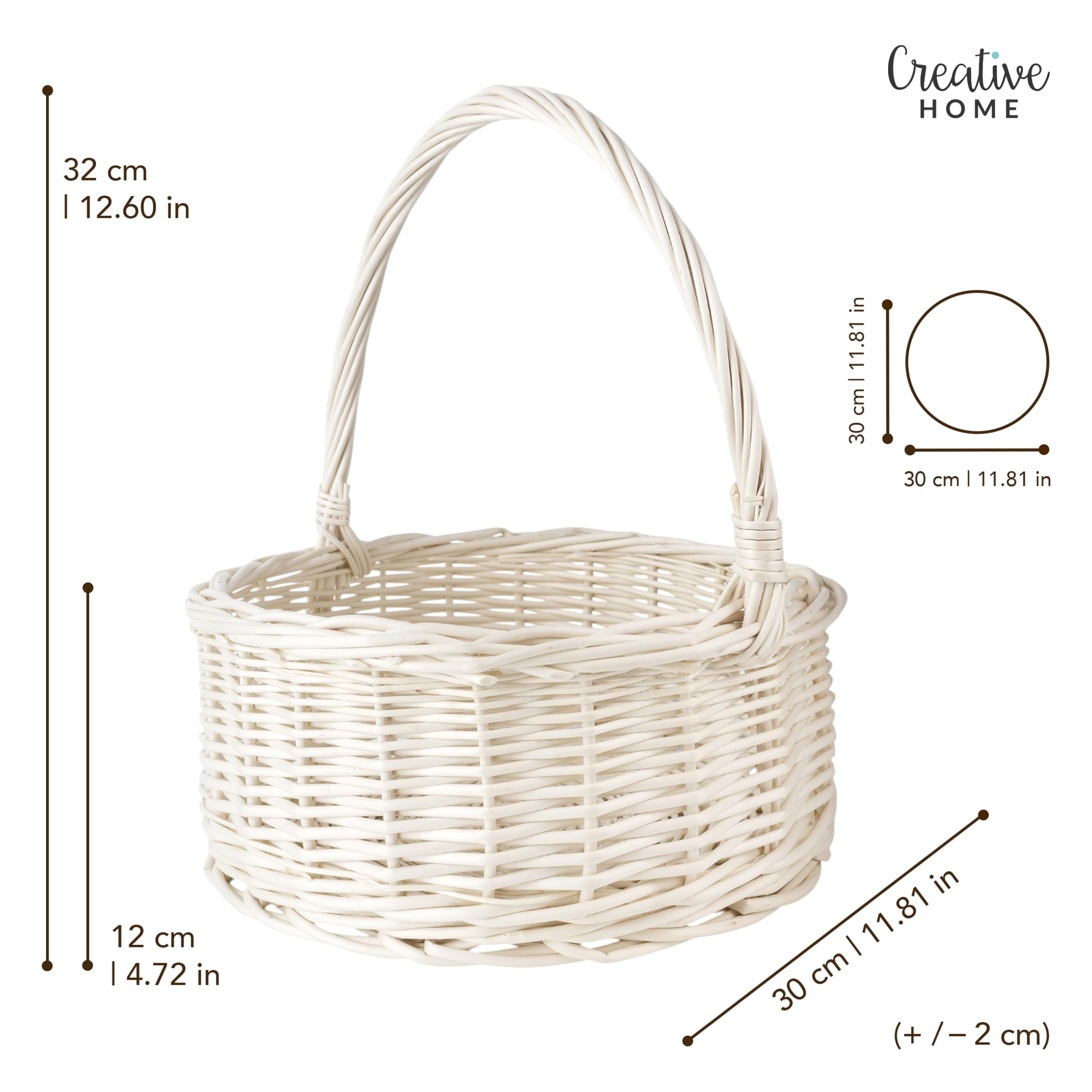 Creative Home Cesto Pasquale Ovale Bianco Crema 30 x 30 x 32 cm | Piccolo Cestino in Vimini con Manico | Cesta Vimini Intrecciata a Mano | Cestino da Giardino, Regalo Natale, Frutta