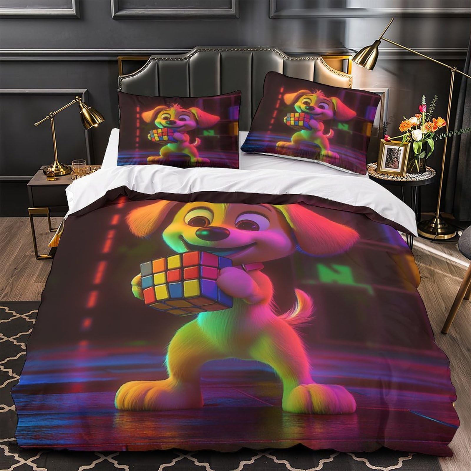 Housse de couette chiot 3D 260x220 cm avec 2 taies d'oreiller en microfibre pour lit enfant