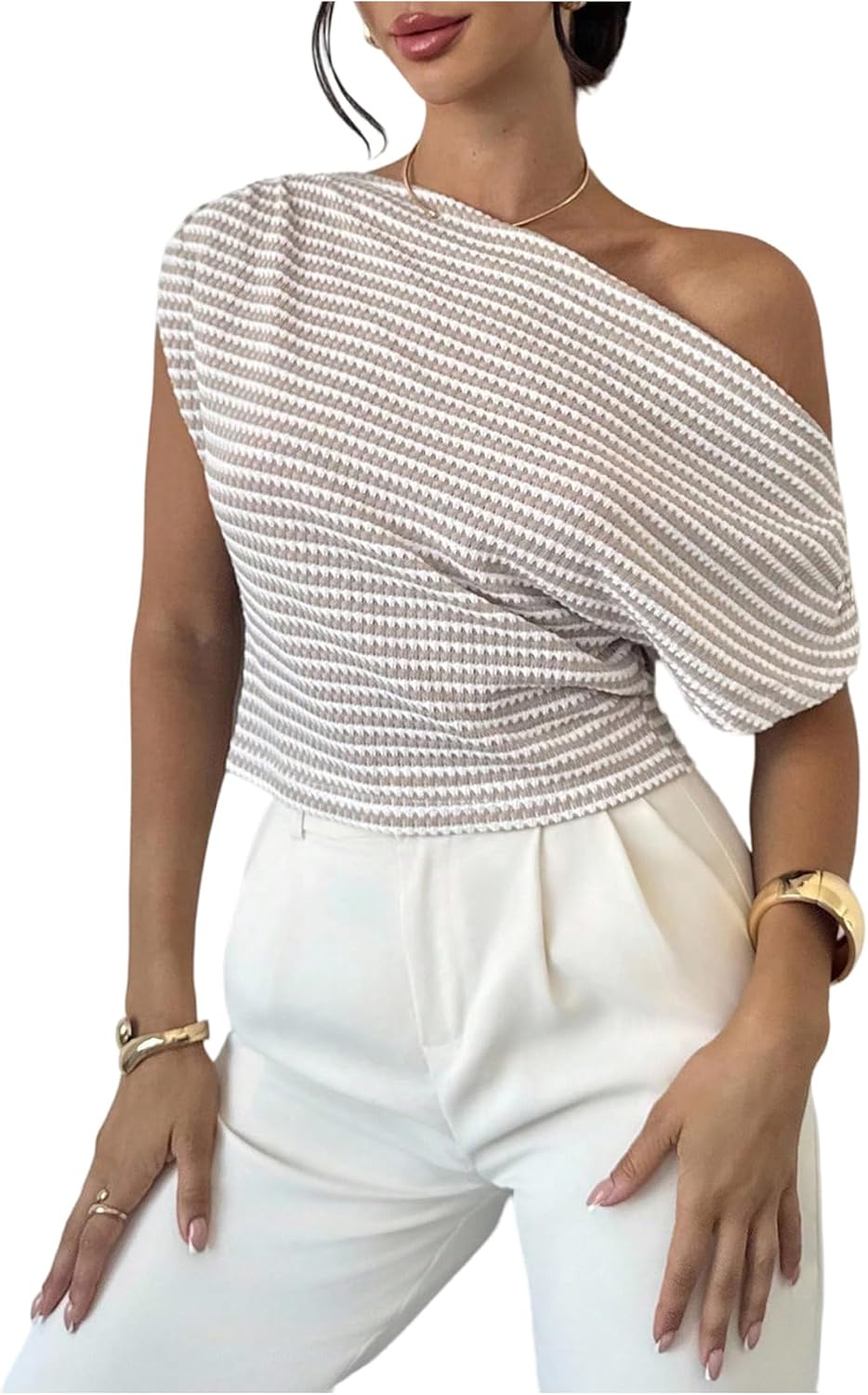 SOLY HUX Women's Striped T Shirt Off The Shoulder Short Sleeve Knit Tee Casual Summer Tops - Image 5