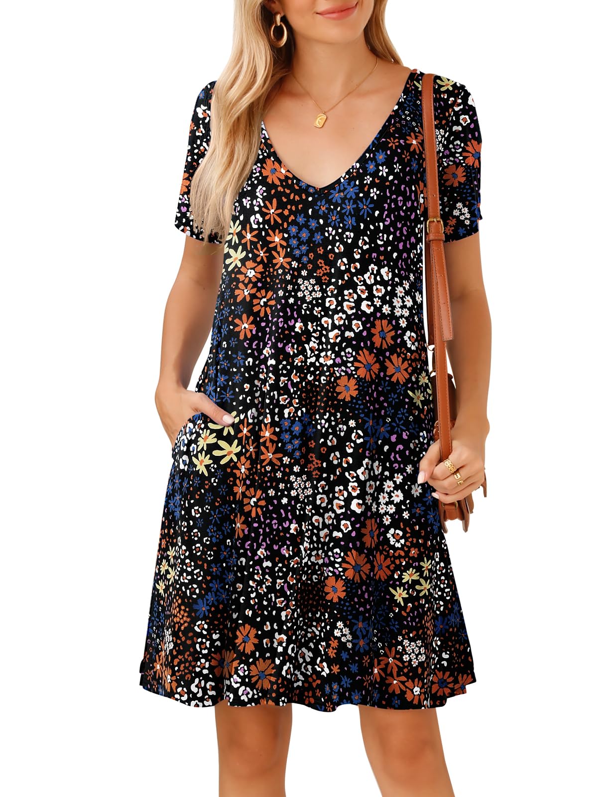 JollieLovin Women T Shirt Plus Size Summer Swing Dresses Short Sleeve V Neck Loose Casual Dress(L-5X)