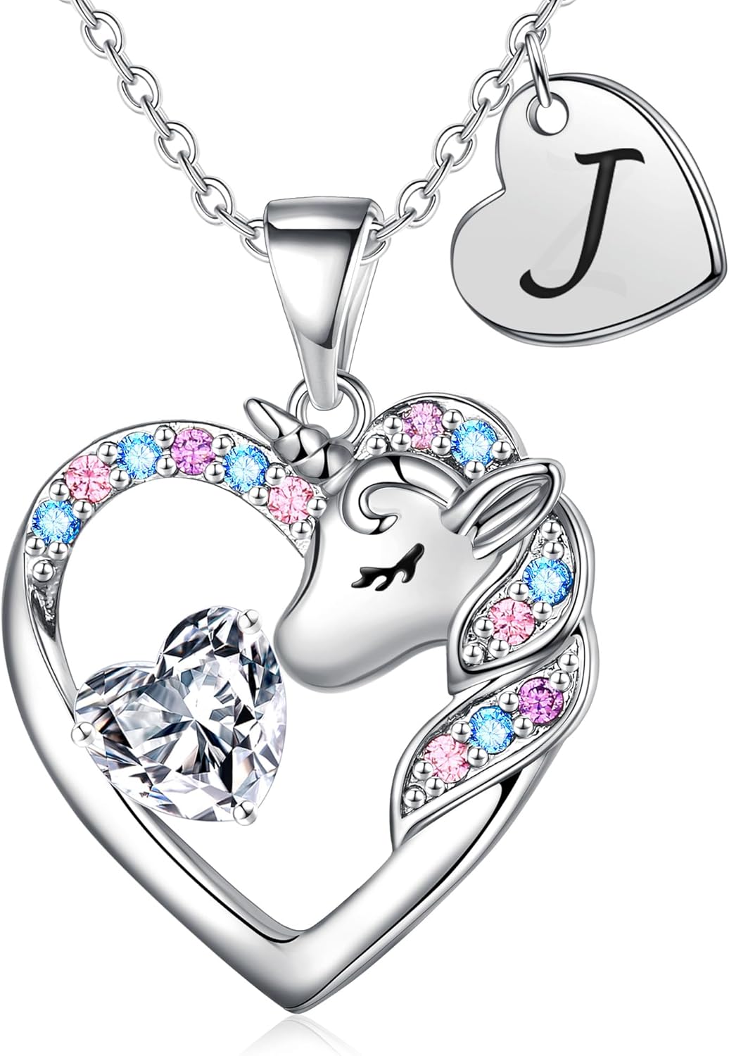 Unicorn Necklace Gifts for Kids Girls - Colorful CZ Heart Initial Necklaces Unicorn Necklace for Girls Jewelry Birthday Gifts for Little Girl Kids