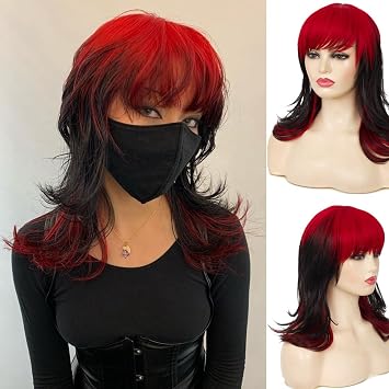 Long Red Black Wig Layered Shaggy Wig with Bangs Soft Synthetic Cosplay Hair Wig for Women