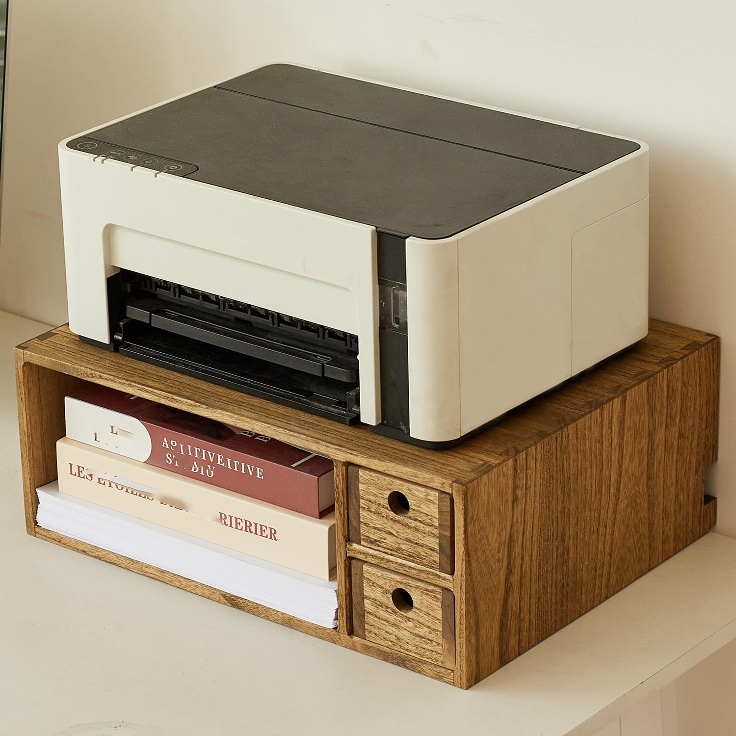 KIRIGEN Printer Stand with Storage Drawer and Cable Management for Desk Document Paper Organizer for Home Office DYJG-DBR