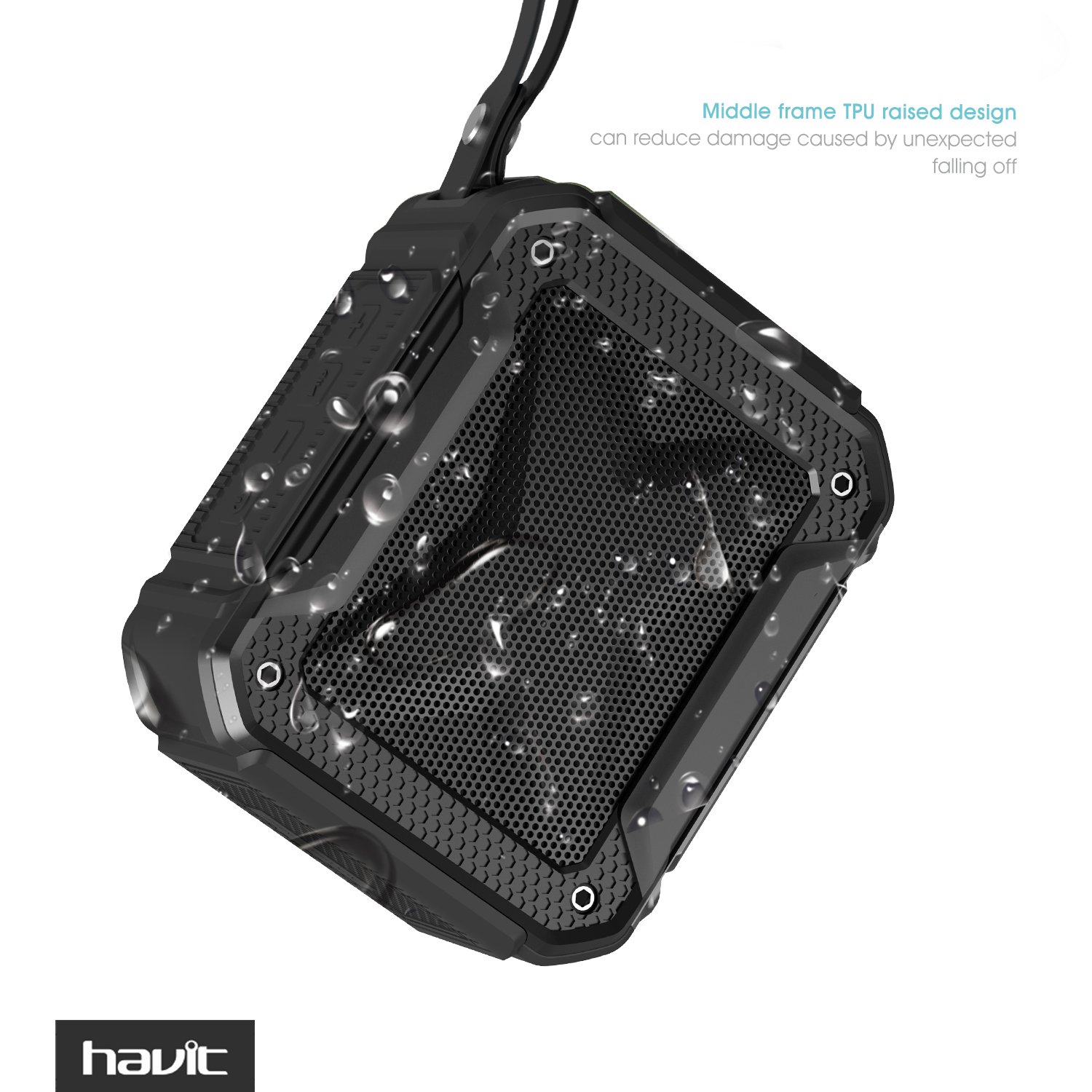 HAVIT HV-SK533BT speaker with water droplets, highlighting TPU raised design