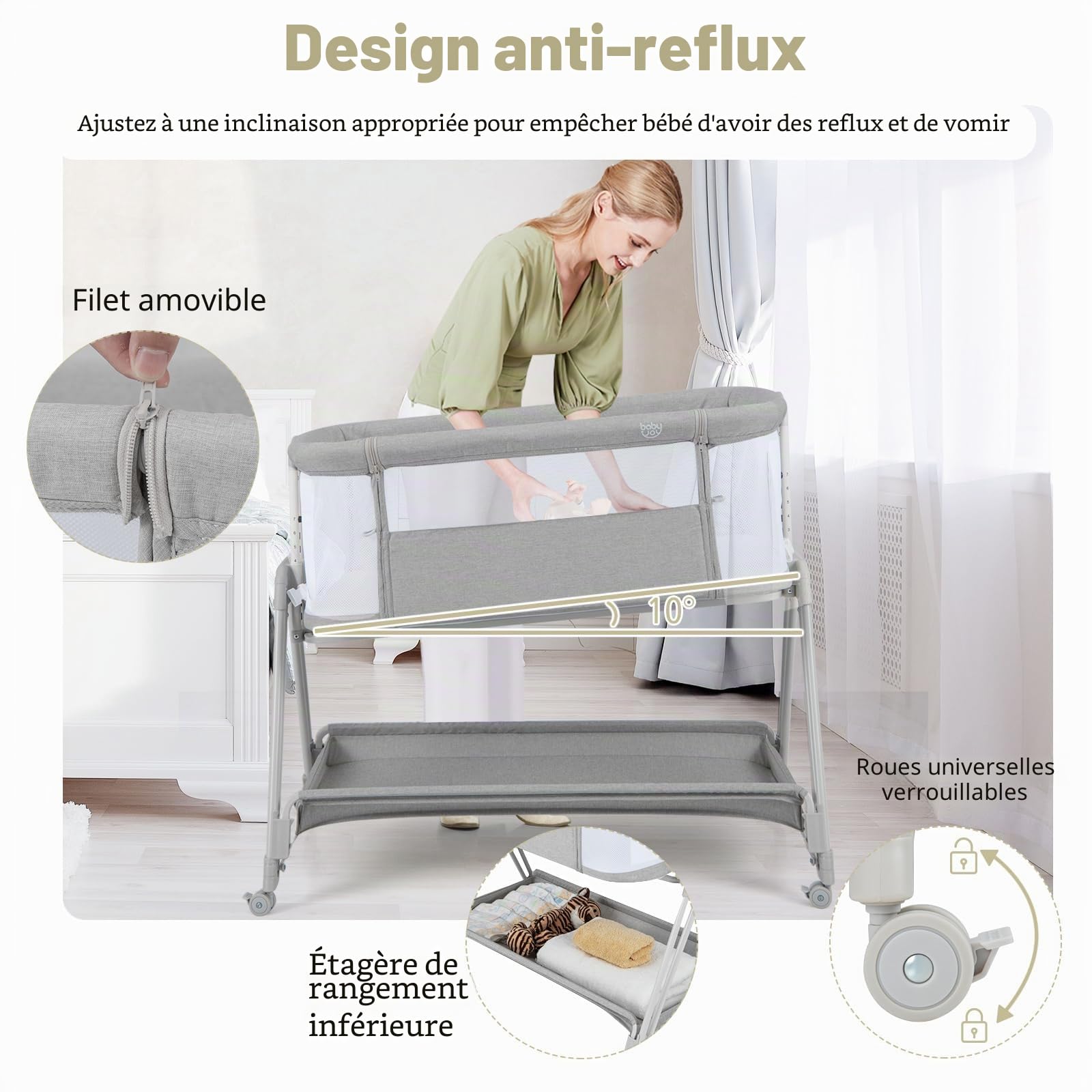 LIFEZEAL Lit Cododo Bébé Relevable 97x56x71,5-86,5 cm, Lit d’Appoint Bebe 0-6 Mois avec Matelas et Etagère, Lit Voyage Pliant avec Roues et Sac, Charge de 9 kg (Gris Clair)