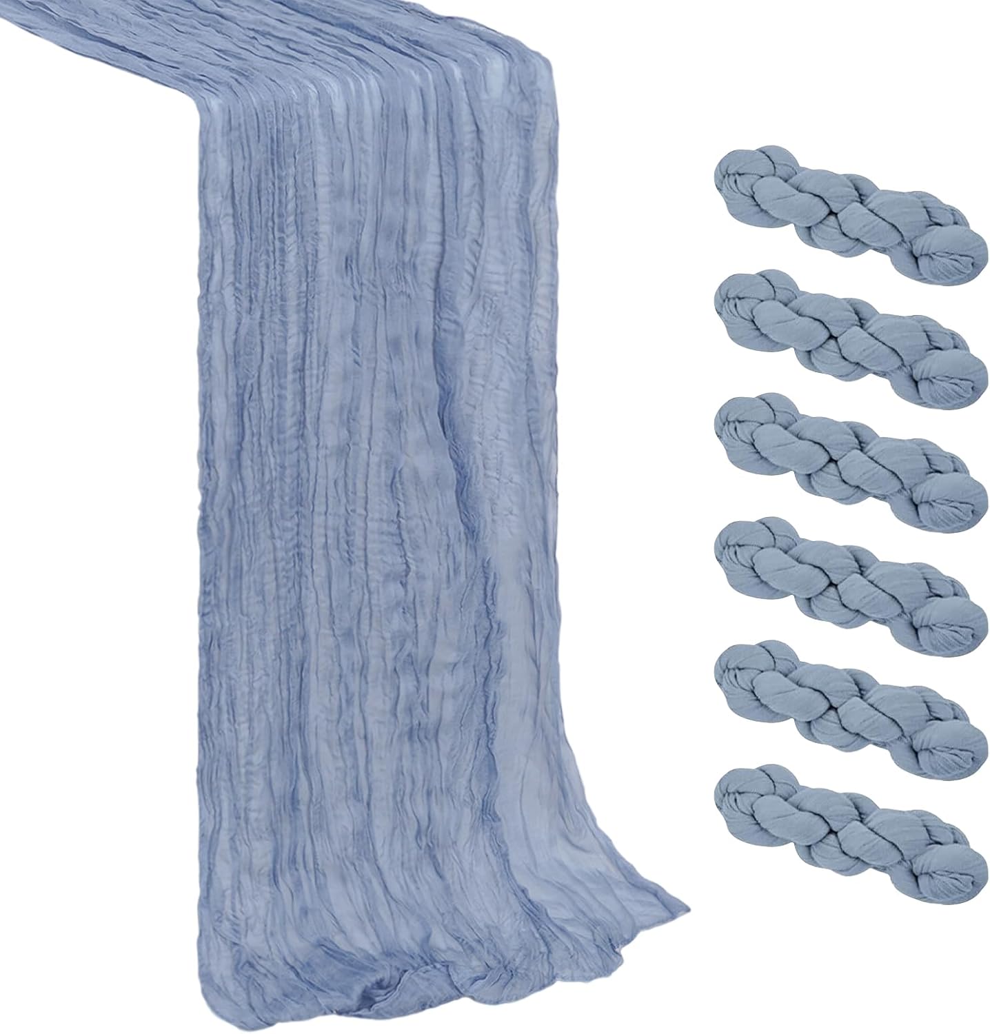 Eternal Beauty 6 Pack Dusty Blue Cheesecloth Table Runners - 35x120 in - 10FT Gauze Fabric Boho Table Decor - Rustic Sheer Wedding Runner for Baby Shower, Birthday Party & Special Events