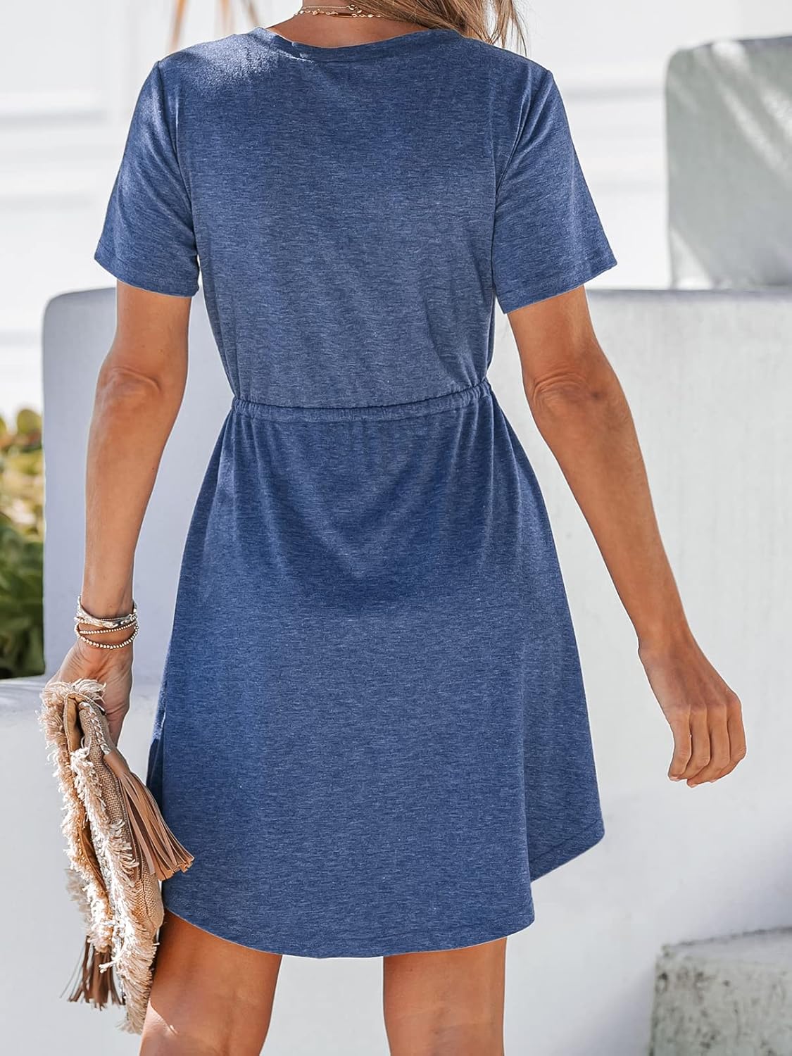 CUPSHE Women Summer Dresses Drawstring Button Front Short Sleeve V Neck Mini Dress Short Sleeve Sundress - Image 2