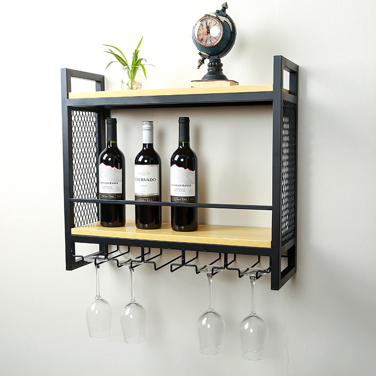 Portabottiglie Vino Da Parete In Ferro Nero, Con Portabicchieri, 100x25x90 Cm, Per Cucina E Bar