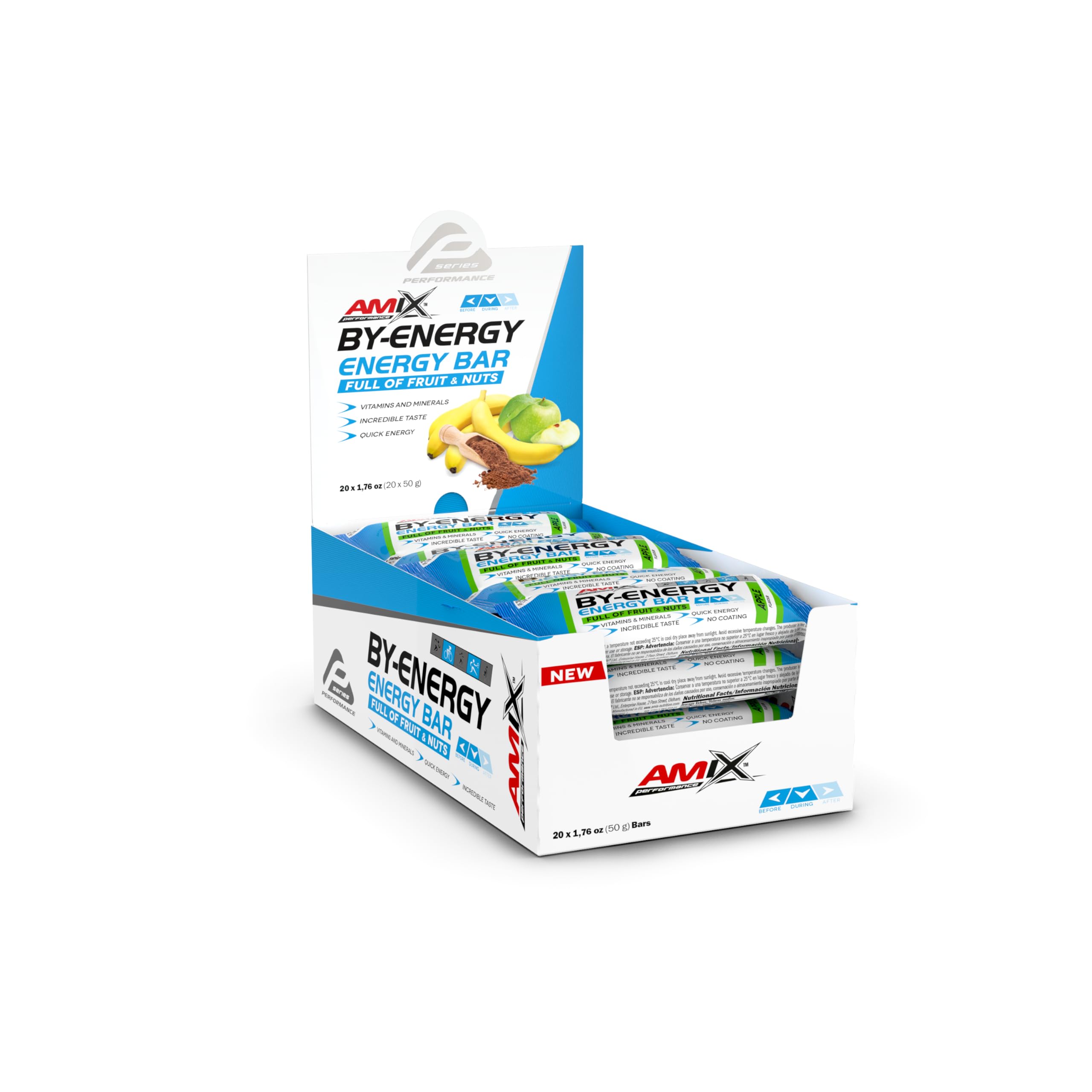AMIX - Pack de 20 Barritas de Proteínas de 50 g - Contiene Hidratos de Carbono - Ayuda al Rendimiento Físico - Fuente de Minerales y Vitaminas - Sabor Manzana Verde