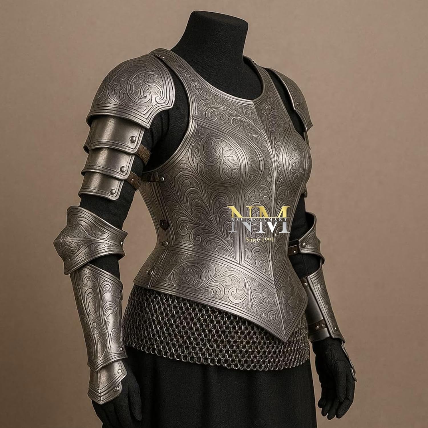Lady Armor Breastplate with Complete Arm Set- Hand-Etched Steel Breastplate & Articulated Arm Armor Exquisite Engraved Full Cuirass & Bracers Set for Cosplay, LARP, and Renaissance Fairs