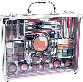 Maleta Maquiagem Profissional Prateada Completa, 28 Itens, Kit Profissional com Sombra, Batom e Blush